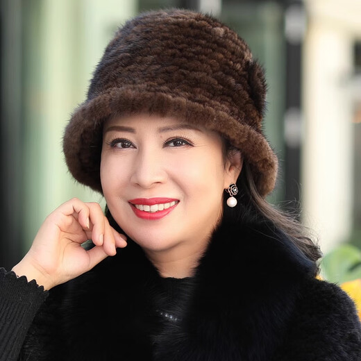 Yinghui Mink Fur Fisherman Hat Warm Flower Top Hat Middle-aged and Elderly Mink Fur Mom Hat Women Winter New Style Burgundy One Size