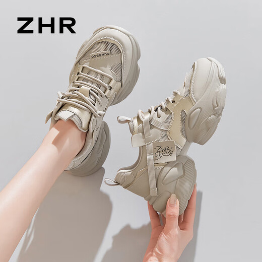 ZHR老爹鞋女运动跑步厚底休闲鞋女潮流透气舒适拼接女鞋 G673灰金 39