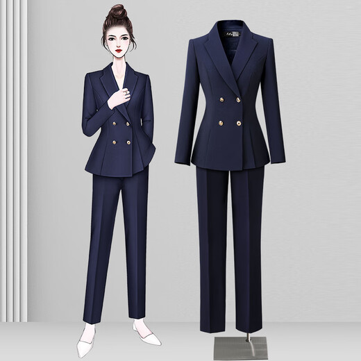 Weishipin Spring and Autumn Business Suit Suit Women's Formal Wear Temperament High-end Commuting Hotel Front Desk Jewelry Store Work Clothes Navy Blue (Suit + Pants) M