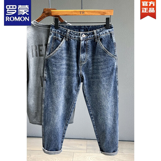 罗蒙（ROMON）复古水洗牛仔裤男宽松大码2025夏季新款萝卜锥形老爹九分哈伦裤子 蓝色 33