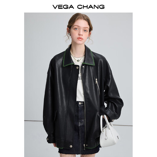 VEGA CHANG【精英衣橱】黑色皮衣女2025春秋宽松显瘦机车风pu皮短外套 松绿黑 S