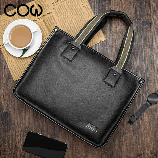 
COW briefcase men's hand-held business bag genuine leather top layer cowhide horizontal computer bag casual men's bag C-8621 black