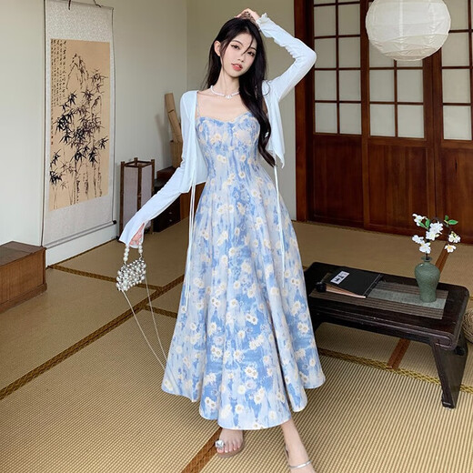FOX.G碎花吊带连衣裙女裙子2025夏季纯欲气质海边度假新品长裙子两件套 蓝色油画碎花连衣裙两件套 M 【建议105斤以内】