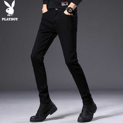 花花公子（PLAYBOY）牛仔裤男裤子男秋冬季男士休闲裤修身潮流弹力小脚裤 黑色 32