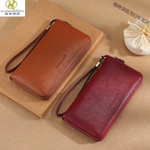 Kuqidaishu Craft billetera italiana Femenina Long Zipper Gran capacidad Clutch Fashion Fashion Casual Phone Bag Card de mujeres Crack Brown