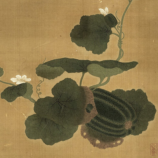 Yuan Qian chooses autumn melon pictures ancient flower and bird painting scroll literati replica antique painting Chinese hanging painting Yuan Li Zhi bamboo and stone pictures 12809 30X70 cm (spraying painting heart size) G