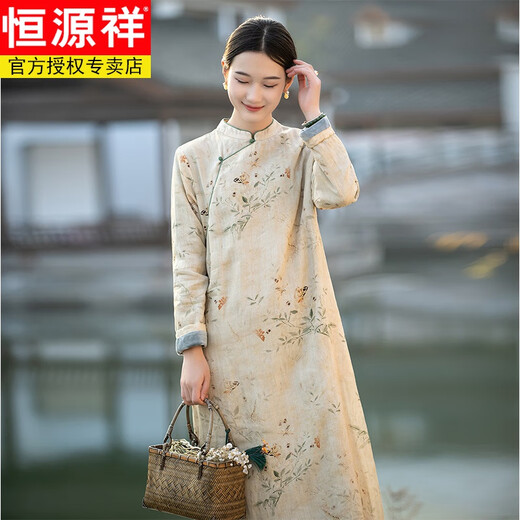 Hengyuanxiang Export tail goods removed from the cabinet Women's Chinese-style improved cheongsam plus velvet thickened stand-up collar printed cotton and linen dress Picture color (small quantity in stock) Oriental simple luxury style M Recommended 90-105 Jin Jin equals 0.5 kg Oriental simple luxury style