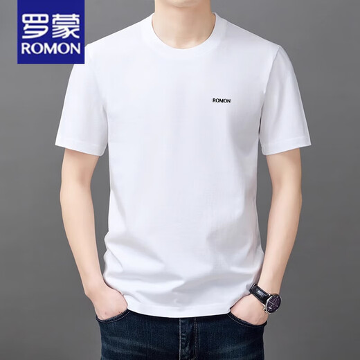 Camiseta de manga corta de Romon Men en verano Nuevo moderno de algodón puro de algodón simple Top de cuello redondo fresco Camiseta masculina YS9929 azul marino [con etiqueta] l 110 [111-125 Jin [Jin equivale a 0.5 kg]]