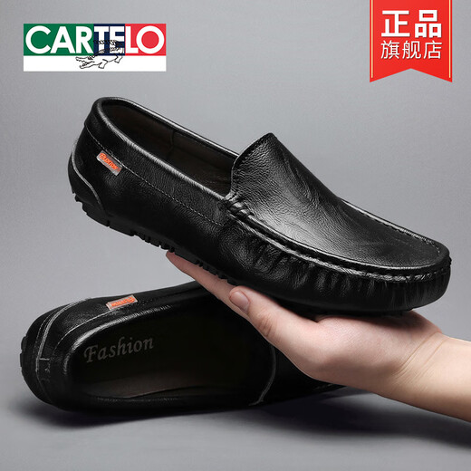 Cartelo Herrenschuhe Frühlings- und Herbst neue Herren Beanie Schuhe Herren echtes Leder Soft Sohle Faulpelschuhe Jugendlederschuhe 9901 Schwarz (Loch) 41