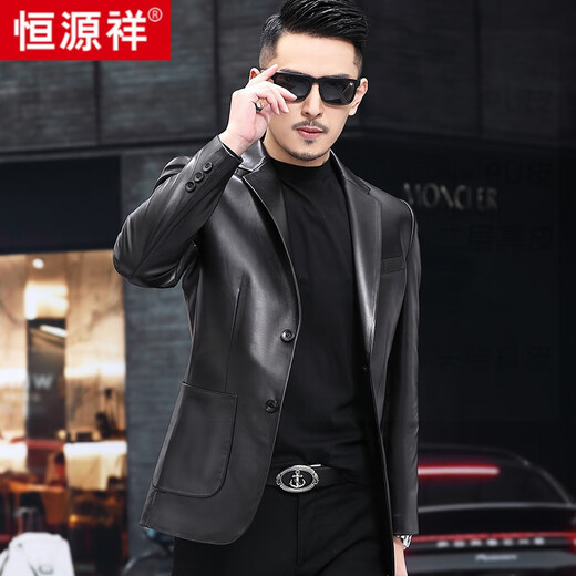 Hengyuanxiang leather suit men's Haining leather leather jacket sheepskin spring and autumn new middle-aged men's casual leather suit jacket black 175/50/XL suitable for 126Jin [Jin equals 0.5 kg]-140Jin [Jin equals 0.5 kg]