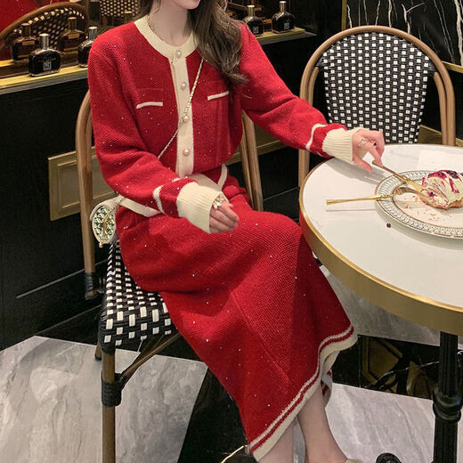 Dofinison Red Dress Autumn and Winter Women's Clothing 2024 New Tea Style Small Fragrance Style New Year's Jersey Wear a Complete Suit Red Suit One Size