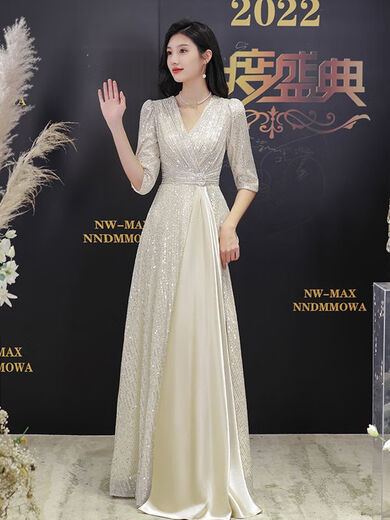 ZHIDOUDOU主持人礼服女 大气高端晚裙宴会气质轻奢感高贵名媛晚会连衣 香槟色长款 均码 s