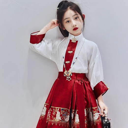 Rock mit dem Pferd mit Pferdemädchen 2024 neuer Frühlings- und Herbstanzug Full Set von Hanfu Chinesischer Spring- und Herbstmädchen und Kinder [Rot] Vier Jahreszeiten Set + Halskette + Haarnadel 140 cm
