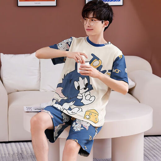 LangSha college student pajamas summer men's short-sleeved pure cotton thin Korean style youth summer wear men's high school student dormitory suit Q short-sleeved men's 1396 white XL standard (118-138Jin Jin equals 0.5 kg)