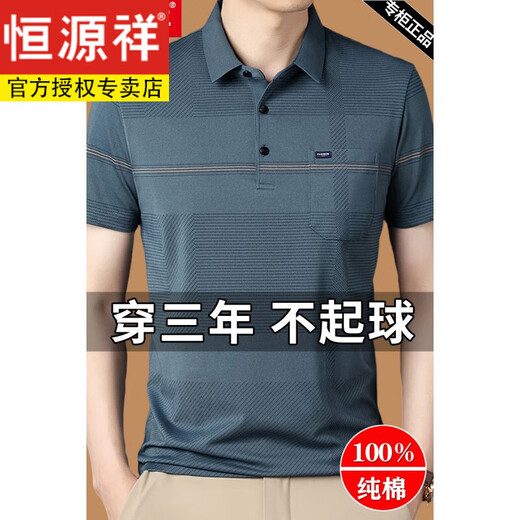 恒源祥短袖t恤男纯棉真口袋春秋款中年爸爸装翻领男士打底polo衣衫春秋 短.袖蓝色 nwxl136-9903 165/M建议120斤以内