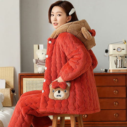 GTYUWVG湖南省省服女冬天珊瑚绒加厚加绒三层夹棉袄法兰绒秋冬季大码家居 hl6636蓝色-中长.款 M  推荐80-100斤