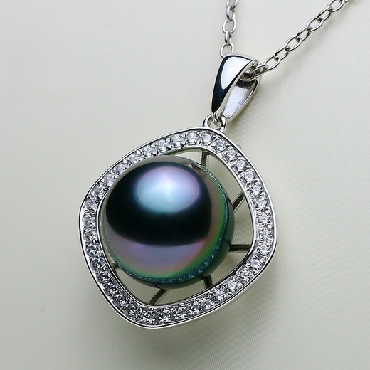 Mu Qinzhenyu 18K gold Tahitian black pearl pendant 9.9mm malachite green transparent purple seawater pearl necklace pair