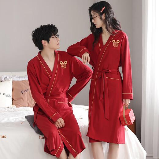浪莎（LangSha）红色结婚情侣睡袍一男一女纯棉喜庆新婚睡衣浴袍家居服高档礼盒装 9926【礼盒装】 女L+男L