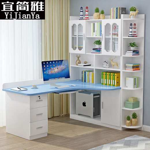 Solid wood desk bookshelf combination corner desktop computer desk desk bookcase integrated child bedroom corner study table white 120*80 upper door host model