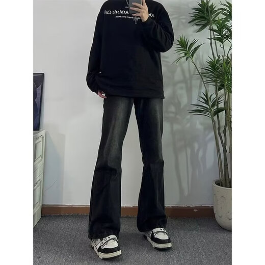 7 high-quality American high street pure black slim jeans men's handsome high-end and versatile straight-flare pants vibe pants DFFS-719 black S