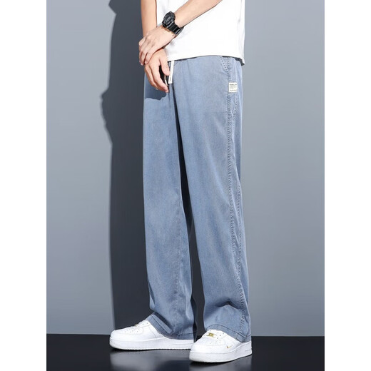 Lomon summer thin ice silk casual pants for men loose straight-leg Tennis denim wide-leg pants for men trendy brand trousers for men 1048 blue + 1048 black 2XL
