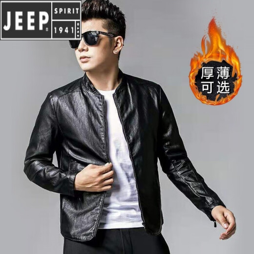 JEEP SPIRIT Jeep leather jacket men's trendy handsome slim fit spring, autumn and winter new thin velvet thickened leather jacket L 90-110Jin Jin equals 0.5kg 1985 model black thin.