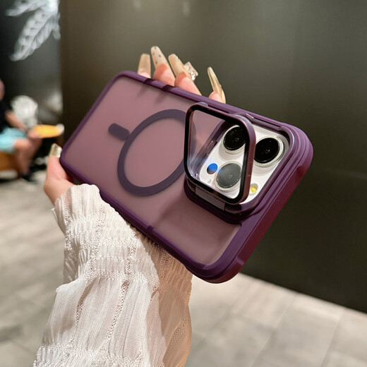 韵宁 适用于iPhone15Promax手机壳苹果14pro高级感磁吸无线充13全包翻盖镜头支架17pro磨砂防指纹保护 【钛灰色】护镜支架磨砂磁吸壳 iPhone15Promax