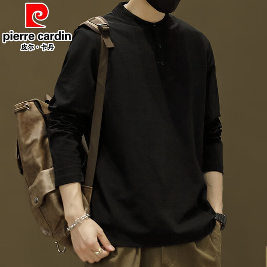 Pierre Cardin Casual Stand Collar Long Sleeve T-Shirt Men's Spring Thin Tops Plus Velvet Casual Henley Collar Polo Bottoming Shirt 56119 Brown Style Regular 2XL About 140-155Jin Jin is equal to 0.5 kg