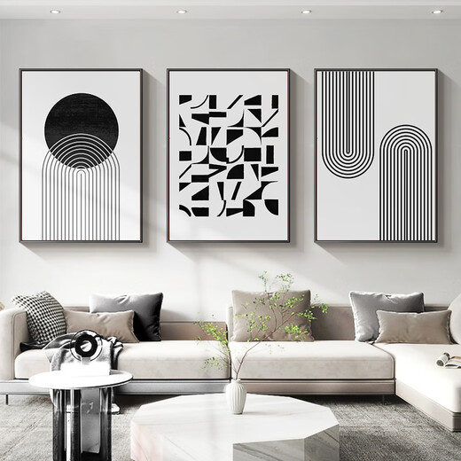 Long time no see living room decorative painting black and white gray abstract art sofa background wall mural modern simple triptych hanging painting
