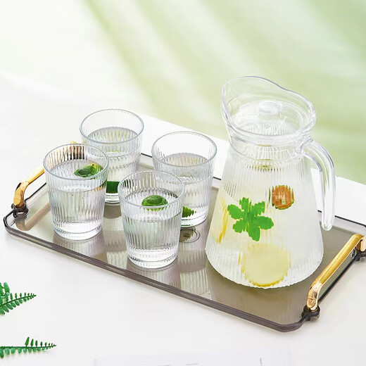 FGHGF simple cold kettle household large-capacity teapot juice high-value water set glass drinking cup vertical pattern water set (1 pot 4 cups)