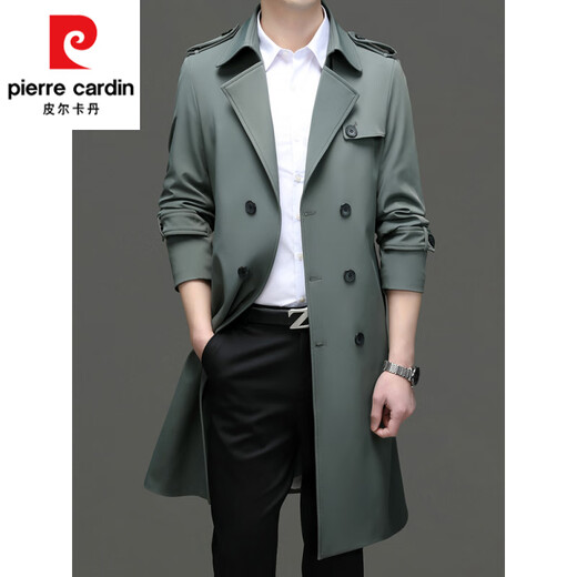 皮尔卡丹（pierre cardin）男士风衣长款2025春秋季新款商务西装领大衣休闲英伦风过膝外套男 豆绿 4XL 195 建议【185-195斤】