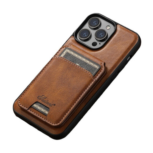 商务插卡磁吸苹果15promax手机壳适用iPhone14支架防摔13高档皮套 【黑色-卡包折叠支架】牛皮纹+镜头大孔设计 iPhone 15 Pro max 6.7寸