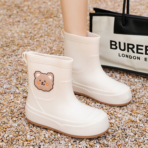 津炳胜时尚日系雨鞋女新款甜美可爱百搭外穿短筒雨靴户外防水防滑水鞋 可爱小熊米白色36码【配鞋垫】 L 尺码偏小一码丨往大拍一码