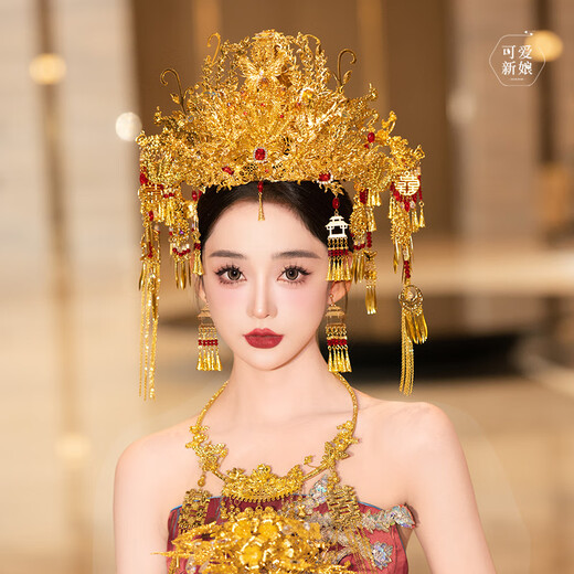 Shu Mo bride Ming Dynasty Hanfu headdress 2024 new high-end heavy industry gold and red phoenix crown Xiamei hair crown Chinese style Xiuhe hair accessories gold and red happy word butterfly phoenix crown (full crown) + earrings