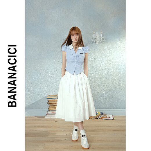 Banana cici 2024 Sommer Neues heißes Mädchen College-Style Kontrast gestreiftes Taille kurzärmelige Hemd Top C242CS684 Blauer Streifen L.