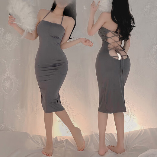 Sexy Pyjamas, Uniform, Eisseide, Hüftrock, Strümpfe, sexy Versuchung, leidenschaftlicher Kaninchen 6624 Grau-einteiliger langer Rock, Pyjamas + Grau Höschen, Strümpfe, durchschnittliche Größe 80-120 Hohlkreuzbandkrawatte