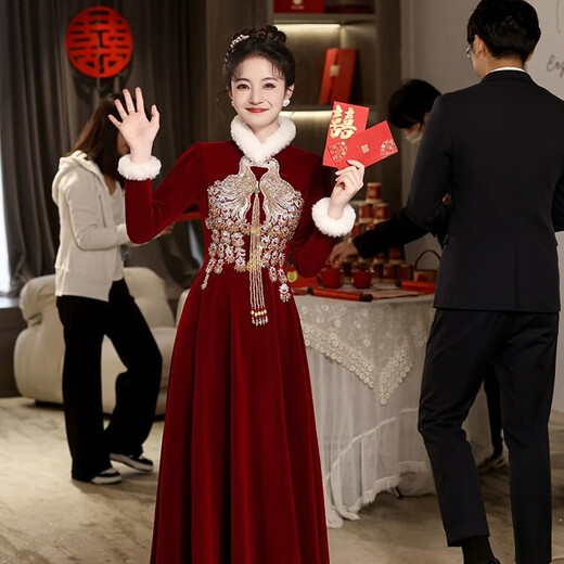 Li Baixin Chinese Cheongsam Toast Wear Bride 2025 Long Sleeve Red Out-of-Pavilion Wedding Return Engagement Dress Thickened Autumn and Winter Burgundy M Recommended 90-100Jin Jin is equal to 0.5 kg