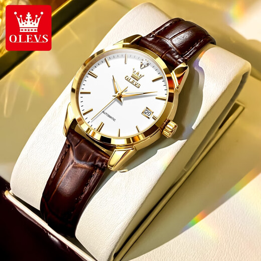OLEVS Swiss Certified Brand Watch Women's Mechanical Watch Fully Automatic Simple Temperament Women's Watch Light Luxury Belt Style Women's Watch OLEVS-6629 Female-Brown Leather White Face