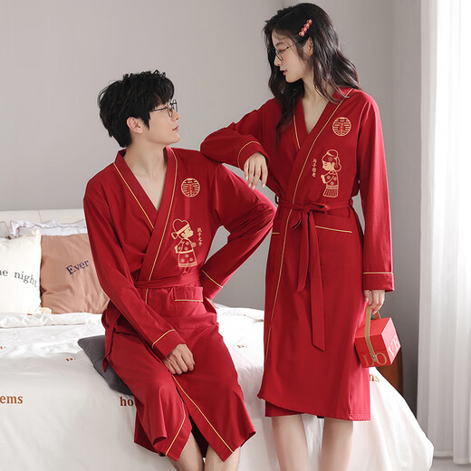 浪莎（LangSha）红色结婚情侣睡袍一男一女纯棉喜庆新婚睡衣浴袍家居服高档礼盒装 9928【礼盒装】 女L+男XL
