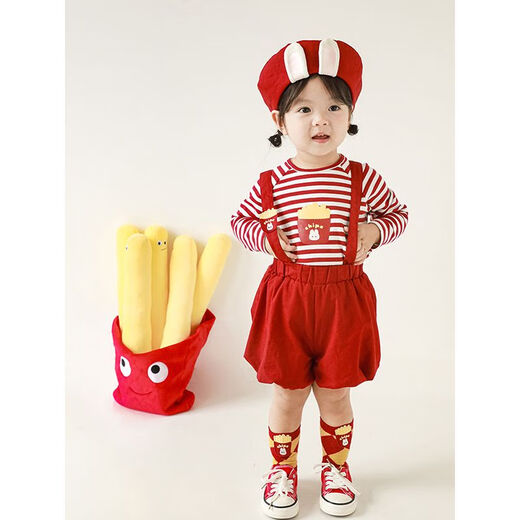 Youyou Girl Cartoon Anzug süßer Kaninchen-Pommes Sticked Top Baby Spring Mode Striped T-Shirt-Gurt Rock T-Shirt Rot und Weiß Streifen (C2694) 80 cm