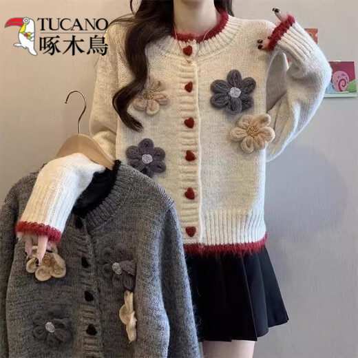 
Woodpecker (TUCANO) sweater cardigan jacket for women 2025 spring new miu love button flower long-sleeved short top spring suit white S [recommended 80Jin [Jin equals 0.5 kg]-95Jin [Jin equals 0.5 kg]]