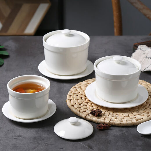 Stew pot hotel restaurant Shaxian small soup cup stew pot soup bowl with lid bird's nest water-proof steamed rice stew pot baby ceramic 4-inch double-line flat lid cup (with spoon) 1 piece