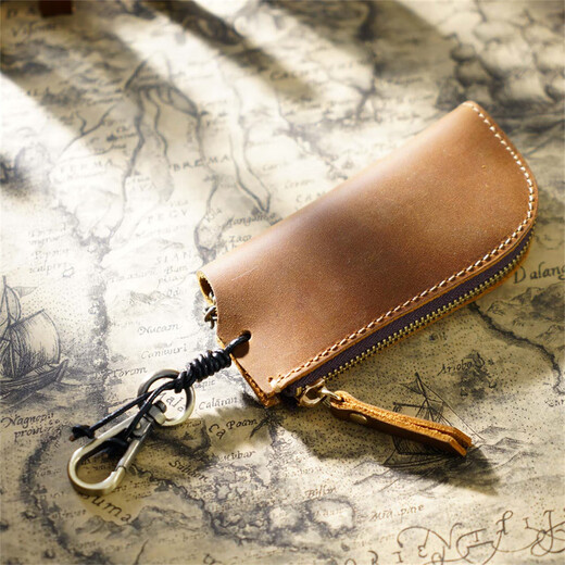 
AIGUONIU original handmade retro limelight layer cowhide casual zipper key bag men's waist-hung car multi-function keychain brown/brown