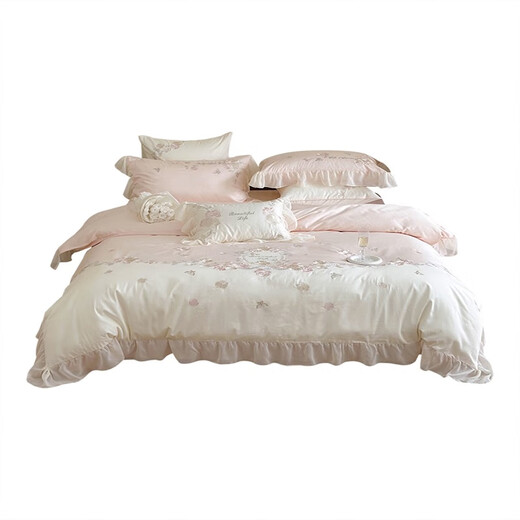 Mercury series light luxury French cotton four-season new 200-count cotton bed four-piece set princess style embroidered flower bedding quilt cover Miu-cotton-romanticism-pink Category A maternal and infant grade bed sheet 1.8 meters suitable for quilt core 200*230