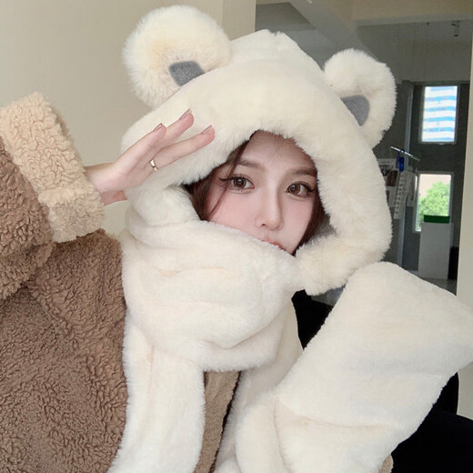 Memaru bear hat scarf for women Christmas antlers autumn and winter women's warm scarf hat one-piece hooded cute plush scarf white bear hat three-piece set