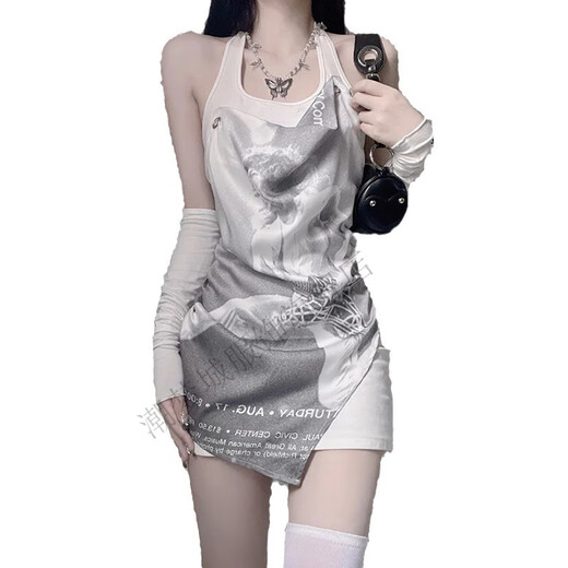 潮梦城美式复古性感辣妹假两件无袖恤女夏季新款紧身外穿古着印花上衣 XZ#9227 白色 L