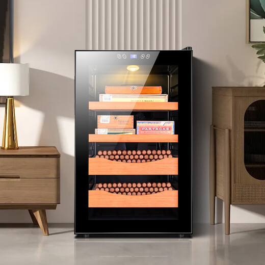 CIGARLOONG 65C cigar cabinet, temperature controlled, moisturizing, energy-saving, silent, electronic dual-core dual-core refrigeration, smart small household, pure-cured cedar wood, bare-cured cigar, red wine and tea cabinet, cedar wood black model 70L