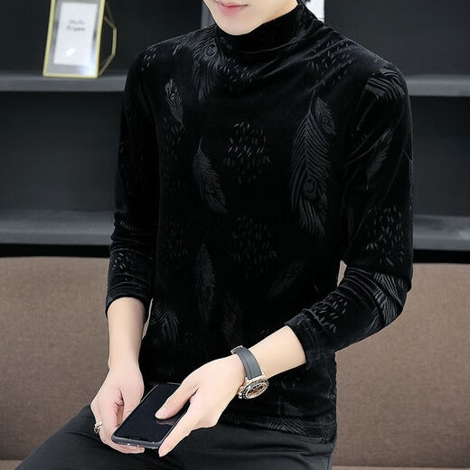T-shirt à manches longues en velours or Nukm en automne et hiver de base de cou à demi-haut de la chemise de base tendance et belle chaleur tendance plus en velours épaissie 691 Swallow Black L 105-120Jin [Jin est égal à 0,5 kg]
