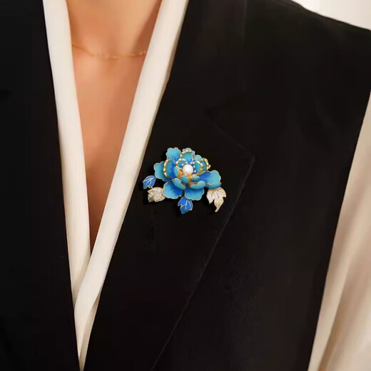 WEISHINI Chinese style dotted emerald peony brooch for women, national fashion classical pearl corsage, elegant and elegant pin, exquisite accessories dotted emerald blue peony B01-203