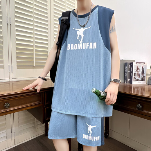Pei Shiyans Sommer-Eis Silk-ärmellose T-Shirt Boy 12-15 Jahre alte Junior- und Senior High School-Schüler Big Children's Weste Basketball Uniform Sportanzug Trend 6636 Blue Weste + Shorts M 80-100jin [Jin gleich 0,5 kg]